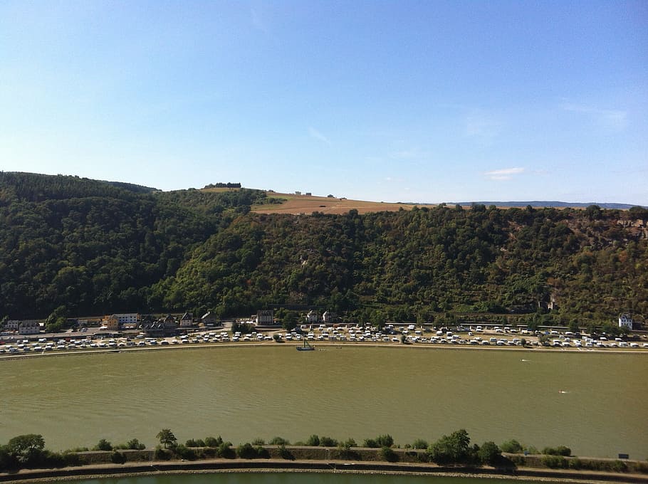 river, loreley, rhine, shipping, sky, water, architecture, building exterior HD wallpaper