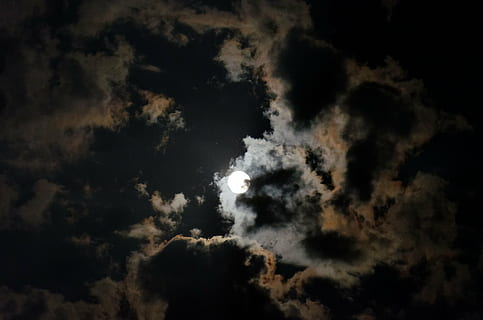 worm view photography of full moon, night sky, clouds, moonlight HD wallpaper