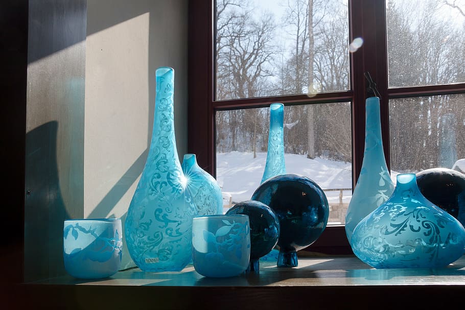 glasses, blue, decoration, reflection, window, vases, glaskugeln HD wallpaper