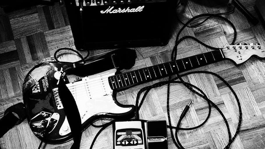grayscale photography of electric guitar with amplifier on floor HD wallpaper