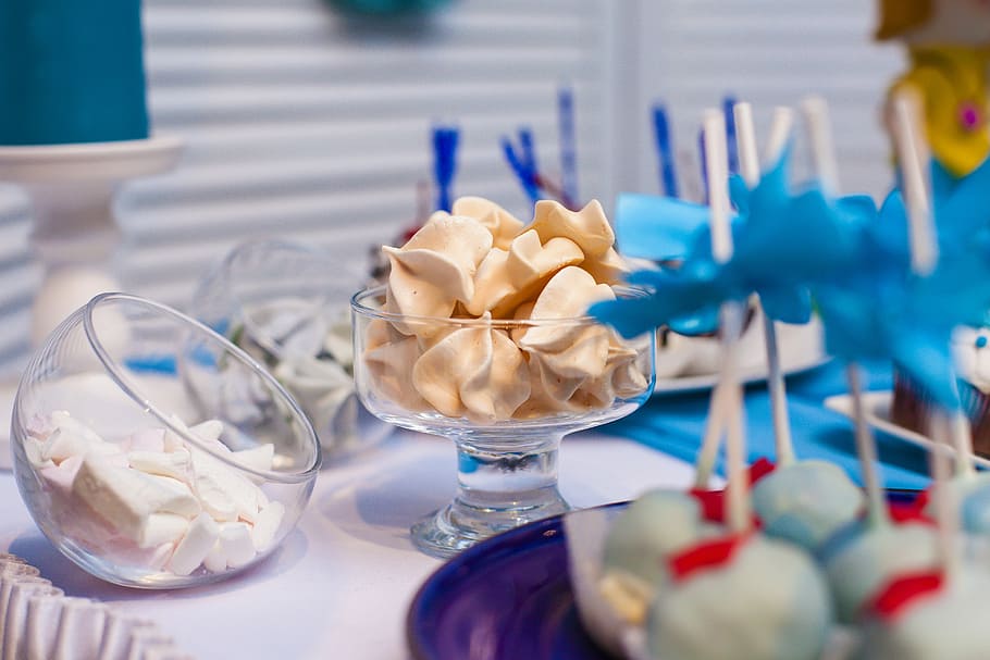 clear glass candy dishes and cake pops on white table, Sweets, HD wallpaper