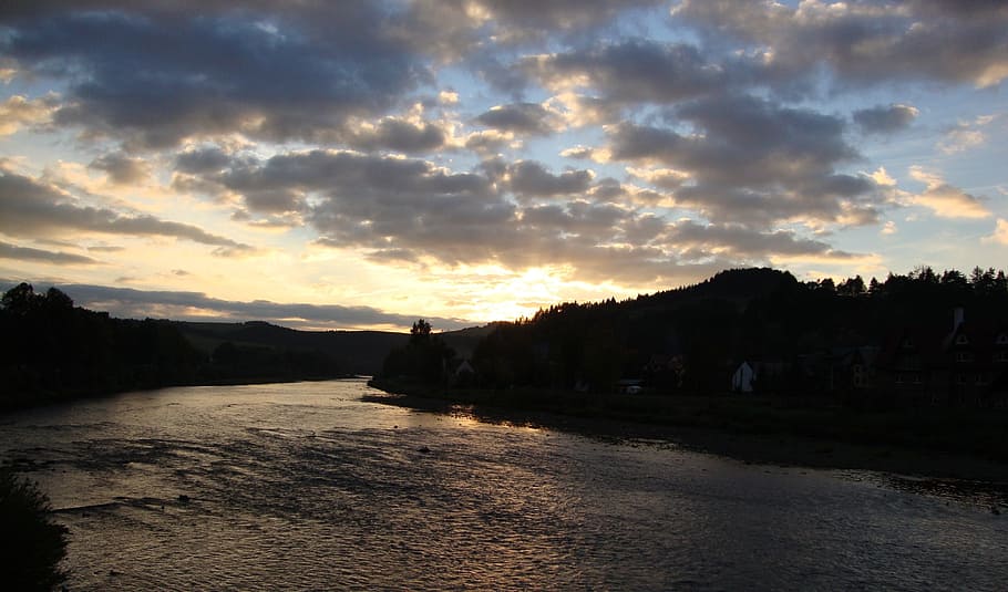 water, river, landscape, sunset, poland, pieniny, twilight HD wallpaper