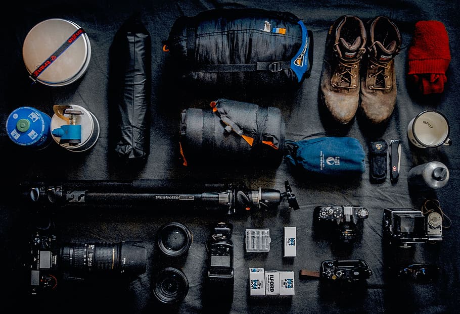 flat lane photo of camera kit and boots, lifestyle, travel, equipment, HD wallpaper