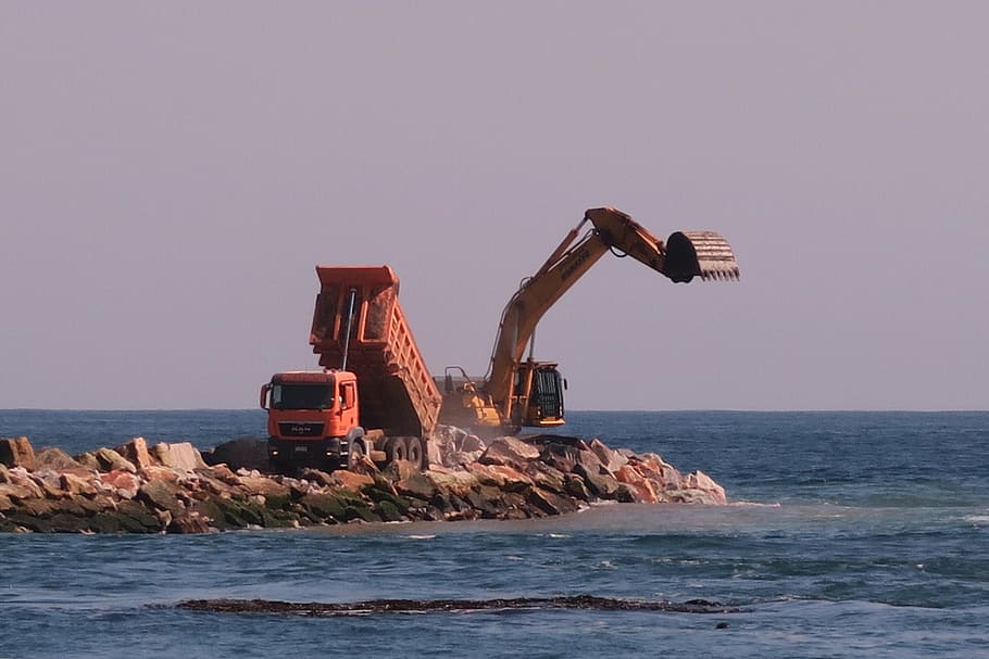 machinery, spring, breakwater, sea, sky, horizon over water HD wallpaper