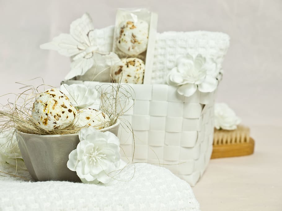 white woven box crate, bath balls, wellness, clean, wash, therapy, HD wallpaper