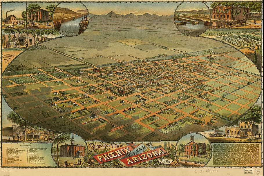 Aerial lithograph of Phoenix from 1885, Arizona, cityscape, photos, HD wallpaper