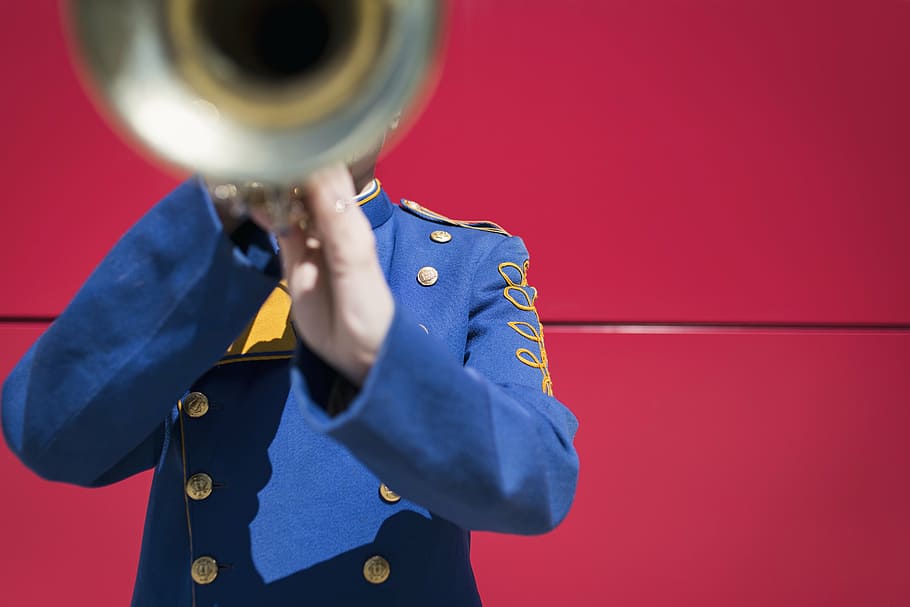 HD wallpaper: man playing trumpet, music, sound, band, jazz, uniform,  trombone