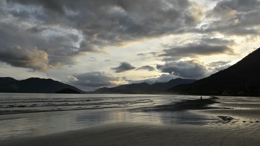 beach, cloudy, grey, twilight, sunset, ocean, sand, coast, landscape HD wallpaper