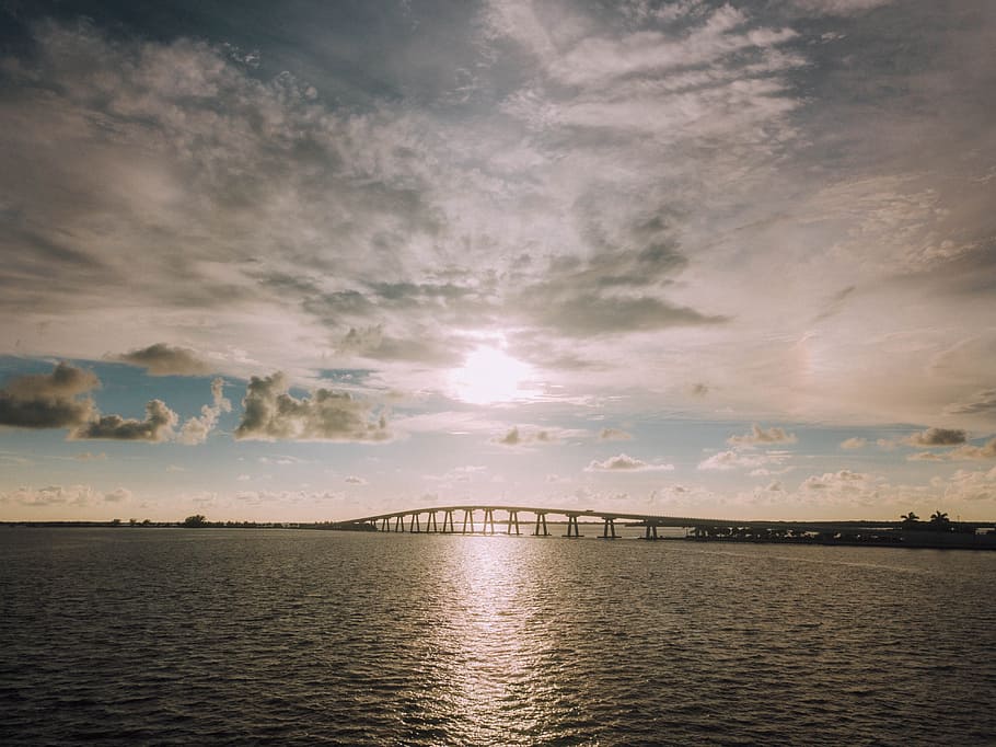 sea, dawn, nature, beach, bridge, cloud, dusk, ocean, reflection HD wallpaper