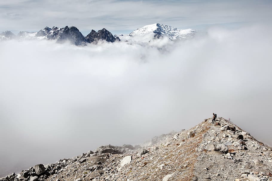 mountain covered with snow and fog, landscape, rocks, summit HD wallpaper