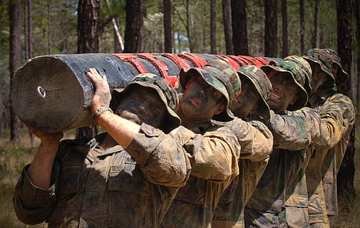 soldiers carrying gray wooden post at daytime, log, teamwork HD wallpaper