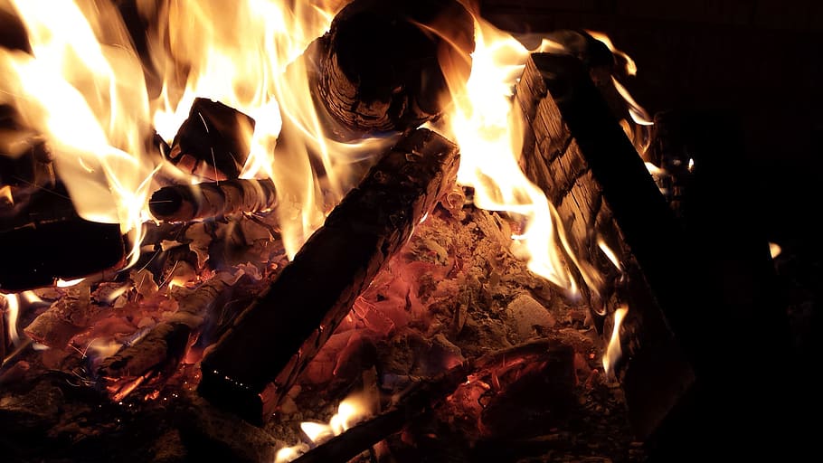 lighted bonfire close-up photo, flame, campfire, wood, brand HD wallpaper