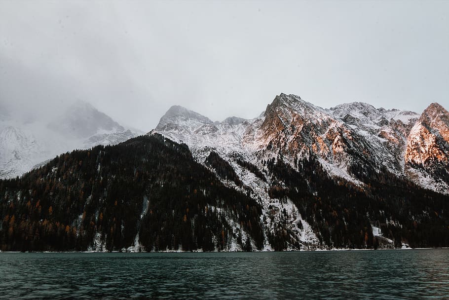 Mountain Beside Body of Water, cold, daylight, desktop wallpaper HD wallpaper