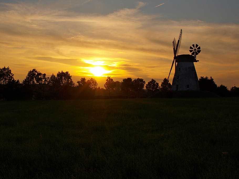 windmill, field, landscape, sunset, sky, plant, environment HD wallpaper