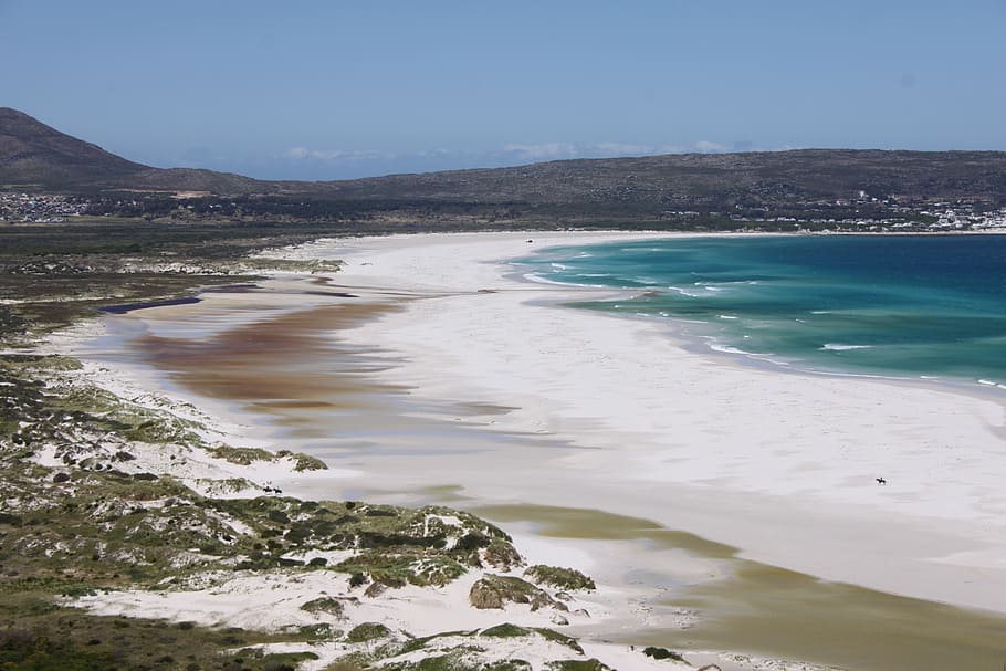 sea, beach, mountains, coast, water, sand, white, shore, sky HD wallpaper