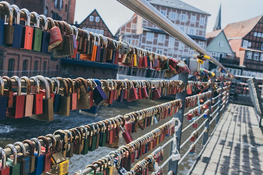 Love locks, padlocks on railings beside body of water and with houses behind HD wallpaper