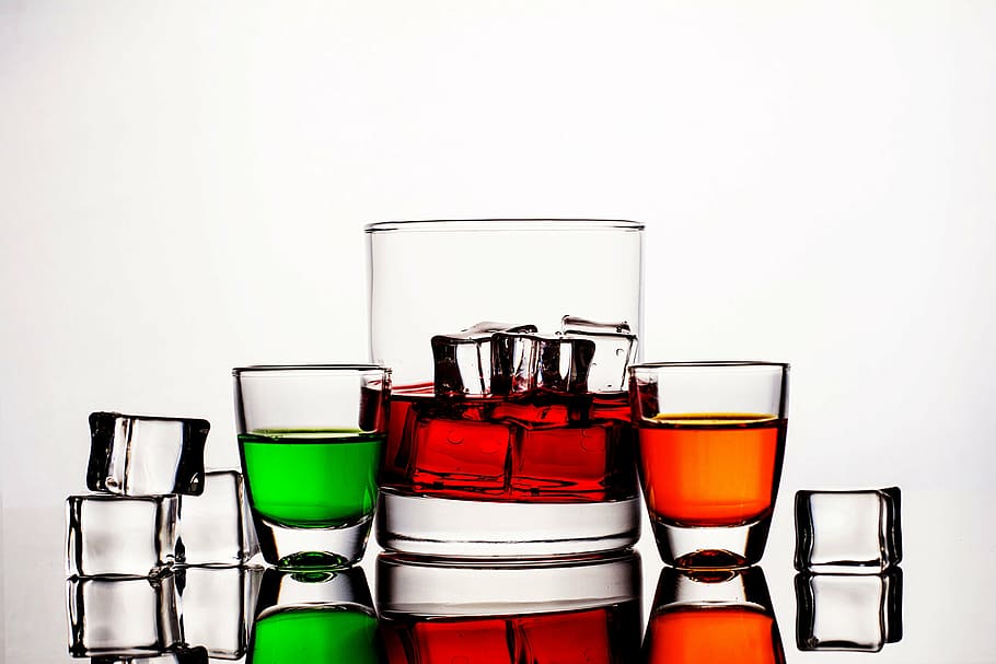 two shot glasses and one old-fashioned glass, liquid, beverage HD wallpaper