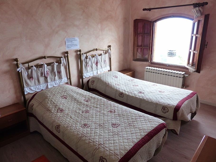two panel bed near window, double bed, room, stay, sleep, pension HD wallpaper