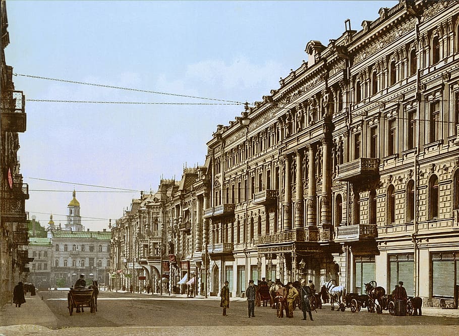 Kiev in the late 19th century streetview in Ukraine, buildings
