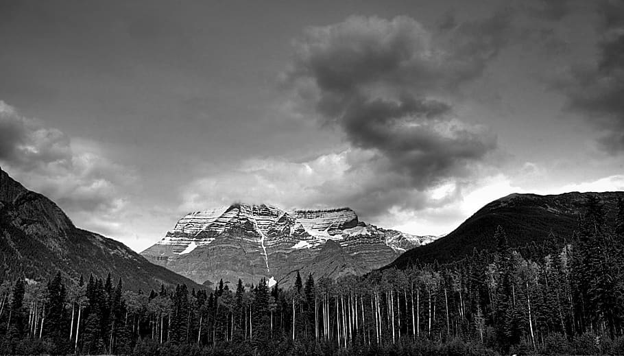 mountains, mount robson, black and white, landscape, scenic, HD wallpaper