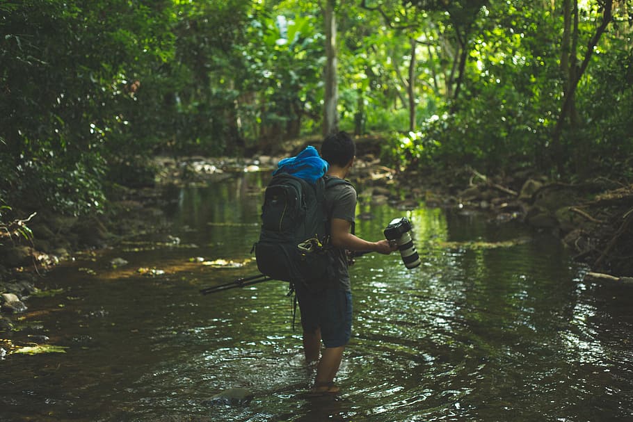 shallow focus photography of man walking in river, man standing on river HD wallpaper