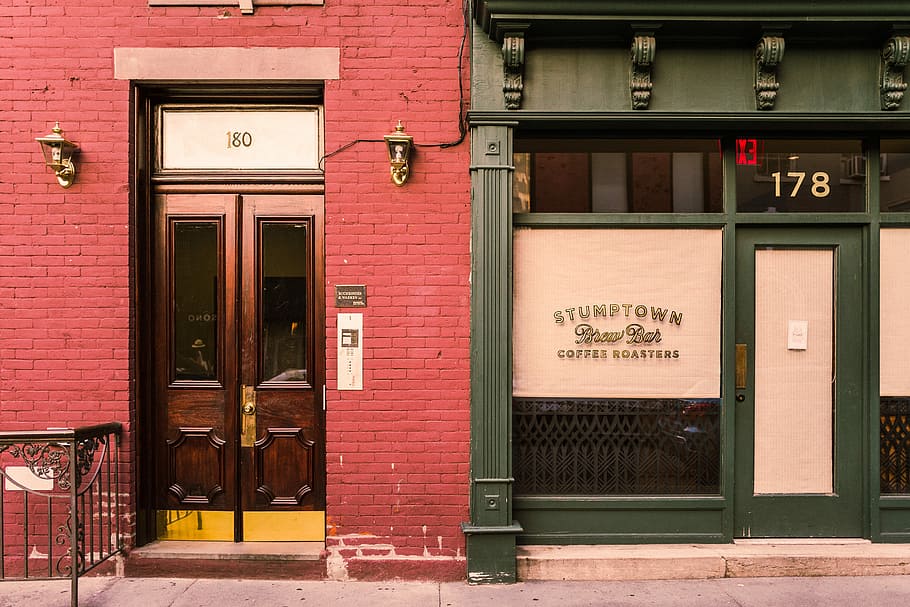 photo of green and red concrete buildings, red and green storefront HD wallpaper