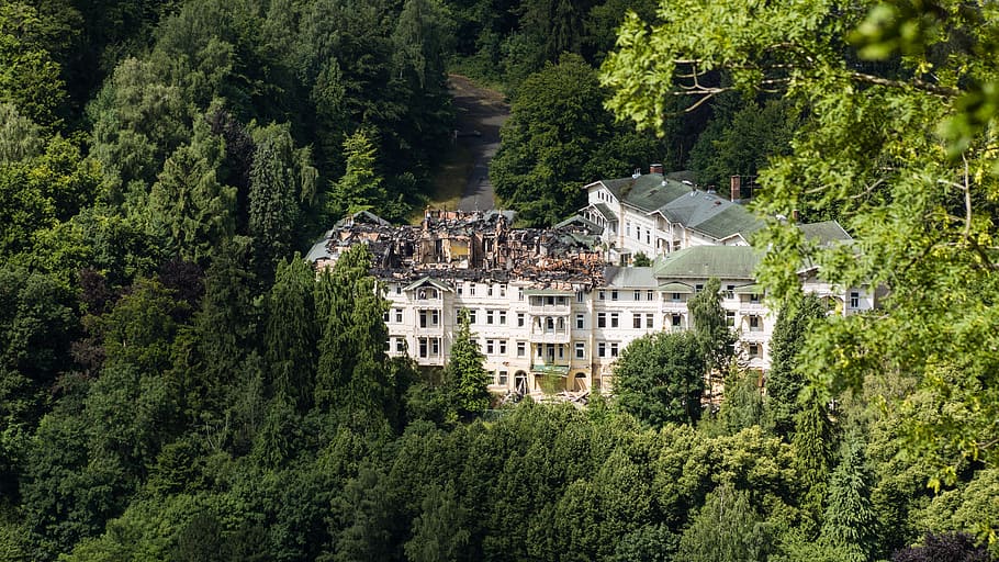 ruin, fire, destroyed, building, hotel, arson, destruction HD wallpaper