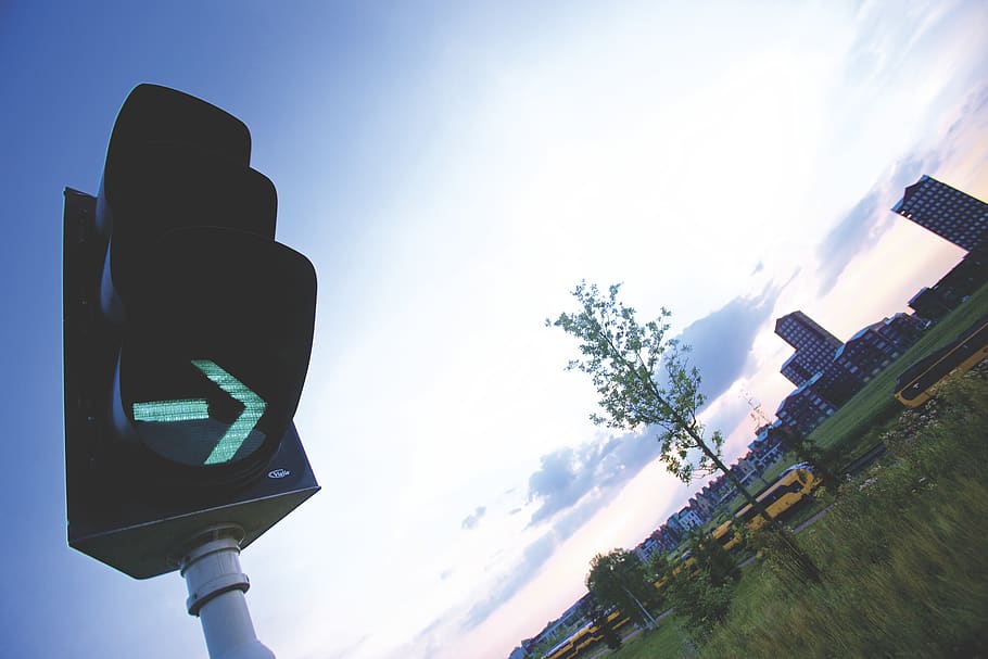 green, traffic light, go, clouds, sky, trees, nature, architecture HD wallpaper