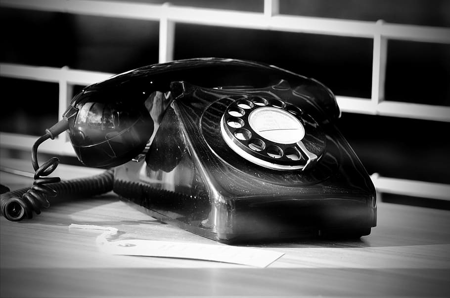 grayscale photography of rotary telephone near white metal window grille, HD wallpaper