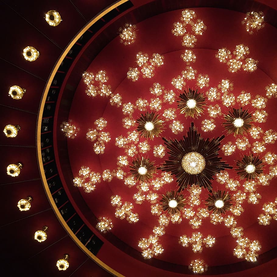 ceiling, art deco, style, modern, lighting, interior, red, snowflake HD wallpaper