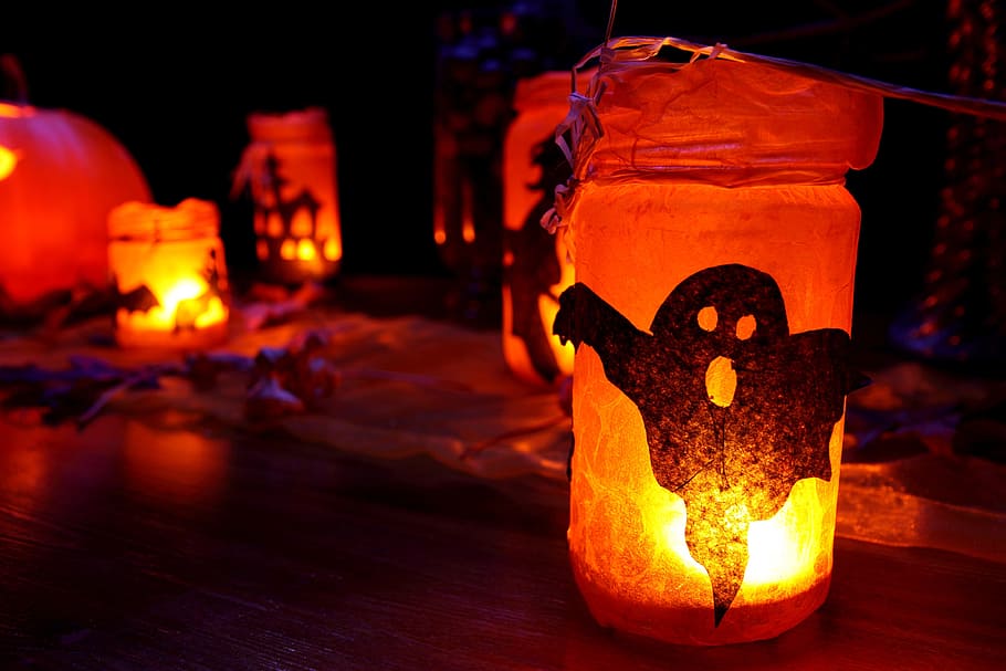 lighted orange jar lanterns Halloween decors, Dark, Decoration HD wallpaper