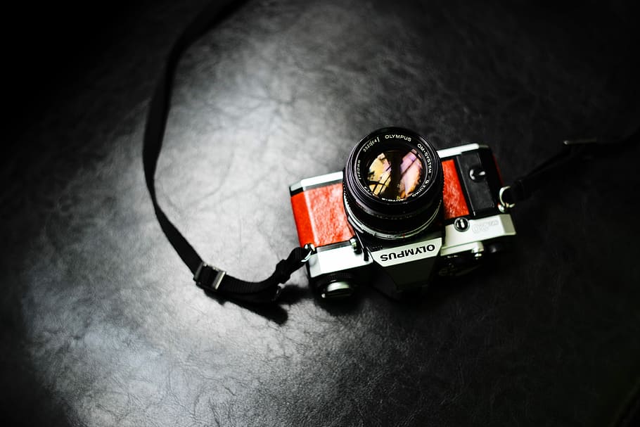 photography of gray and red disposable camera, black and silver Olympus DSLR camera on black surface HD wallpaper