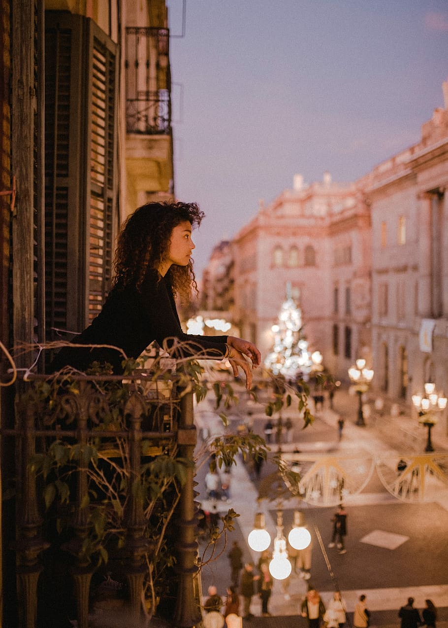 be you., woman in black long-sleeved top on terrace, building HD wallpaper