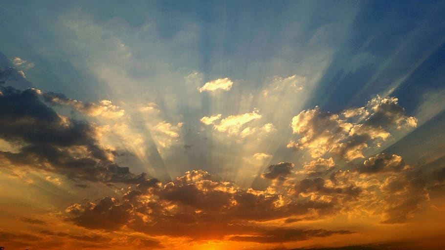 sunset, afternoon, sky, clouds, rays, light, cloud - sky, cloudscape, HD wallpaper