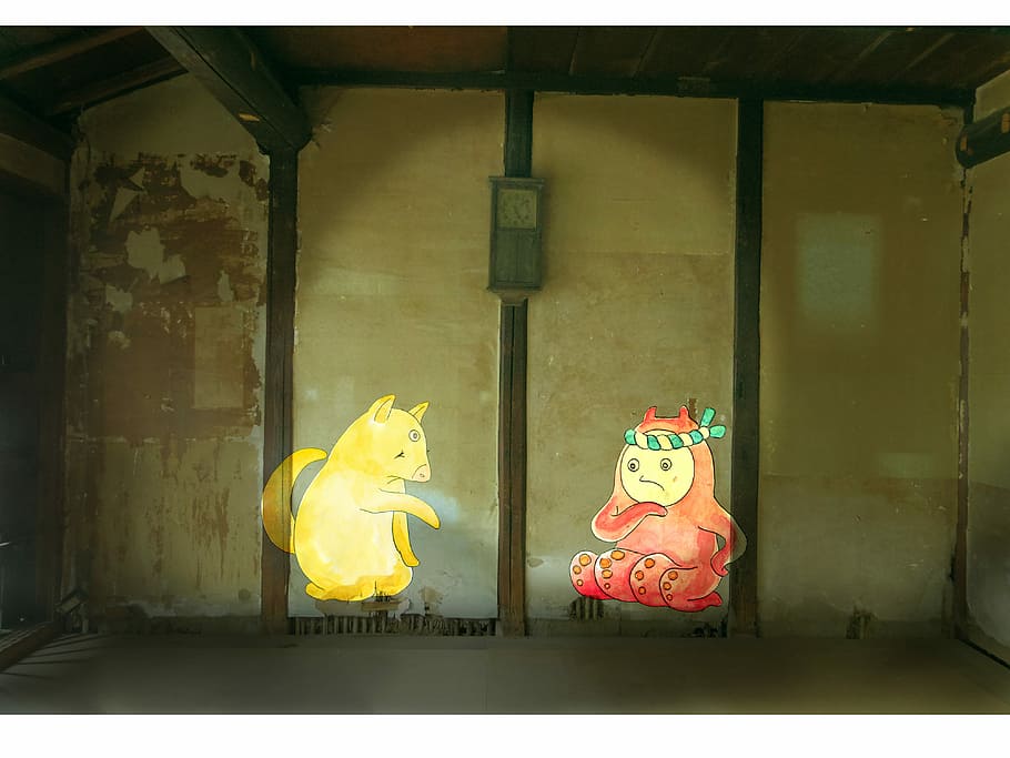 dengami_header, yellow and red characters, art, wall, concrete HD wallpaper
