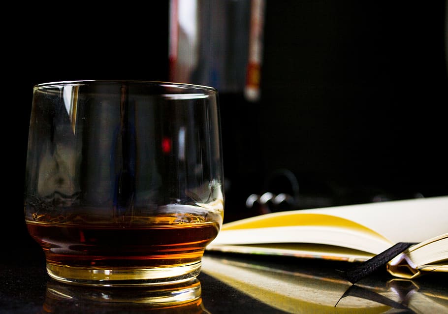 clear shot glass with liquor, whiskey, book, address book, reading, HD wallpaper