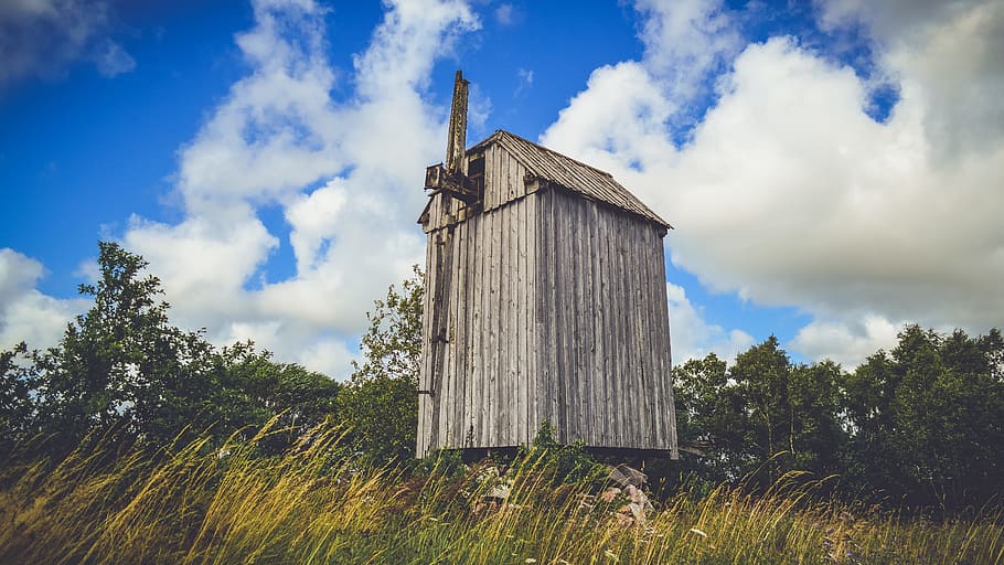 wood, landscape, sky, clouds, abandoned, agriculture, barn, countryside HD wallpaper