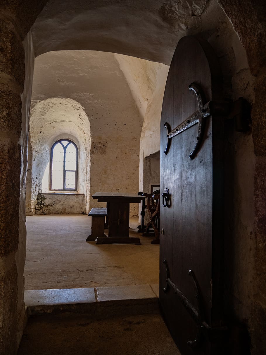 medieval, architecture, arched, door, window, light, dark, iron work