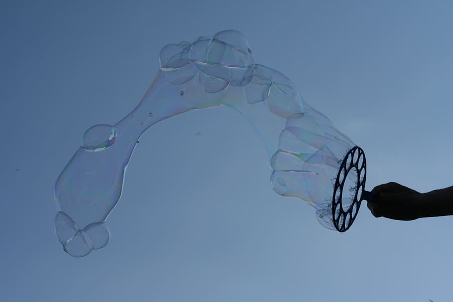soap bubble, sky, blue, cloud, blow, fly, weightless, shimmer HD wallpaper