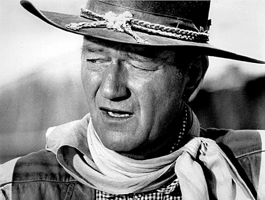 man wearing cowboy hat in grayscale, john wayne, actor, vintage
