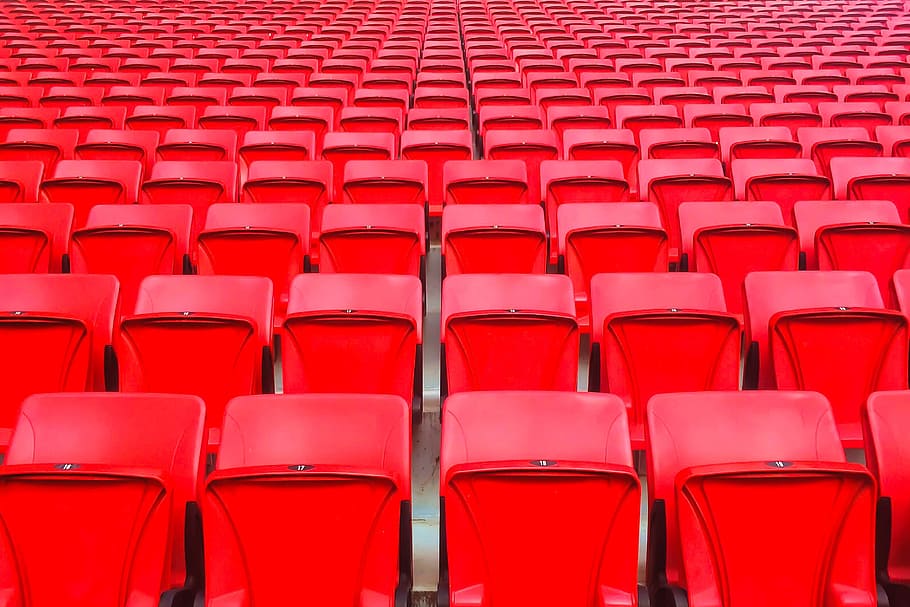 red, platic, chairs, event, seat, auditorium, theater, in a row HD wallpaper