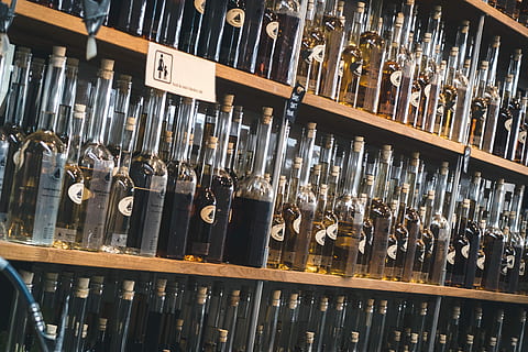 Homemade liquers store, alcohol, drink, in A Row, shelf, storage Room HD wallpaper
