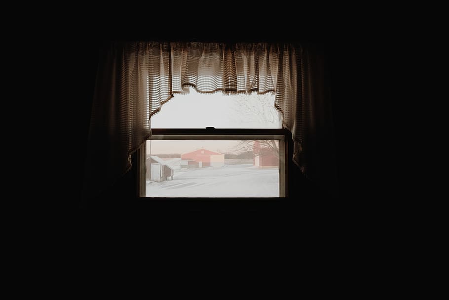 clear glass window with white curtain, white curtain near white and red house at daytime HD wallpaper