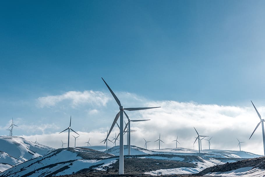 clouds, sky, nature, windmill, mountain, air, travel, renewable energy HD wallpaper