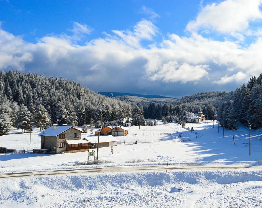 mountain, snow, winter, landscape, home, sky, blue, cold, christmas HD wallpaper