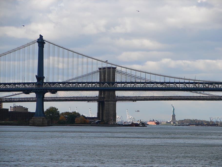 statue of liberty, brooklyn bridge, bridges, new york city, HD wallpaper