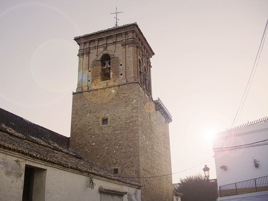 sun, sunset, bell tower, landscape, setting sun, sky, evening sun HD wallpaper