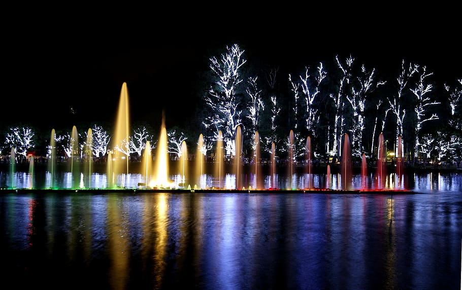 ibirapuera park, lights, night, water show, color, colorful, HD wallpaper
