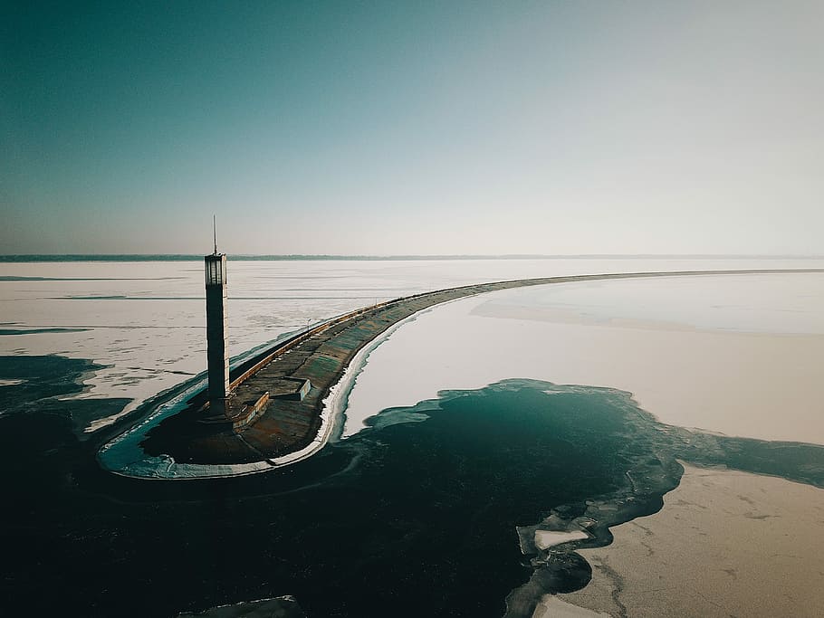 lighthouse, high angle photo of lighthouse, sea, winter, ice HD wallpaper