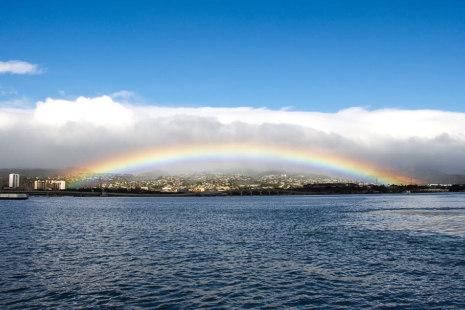 panoramic photography of rainbow near ocean, honolulu, oahu, pearl harbor